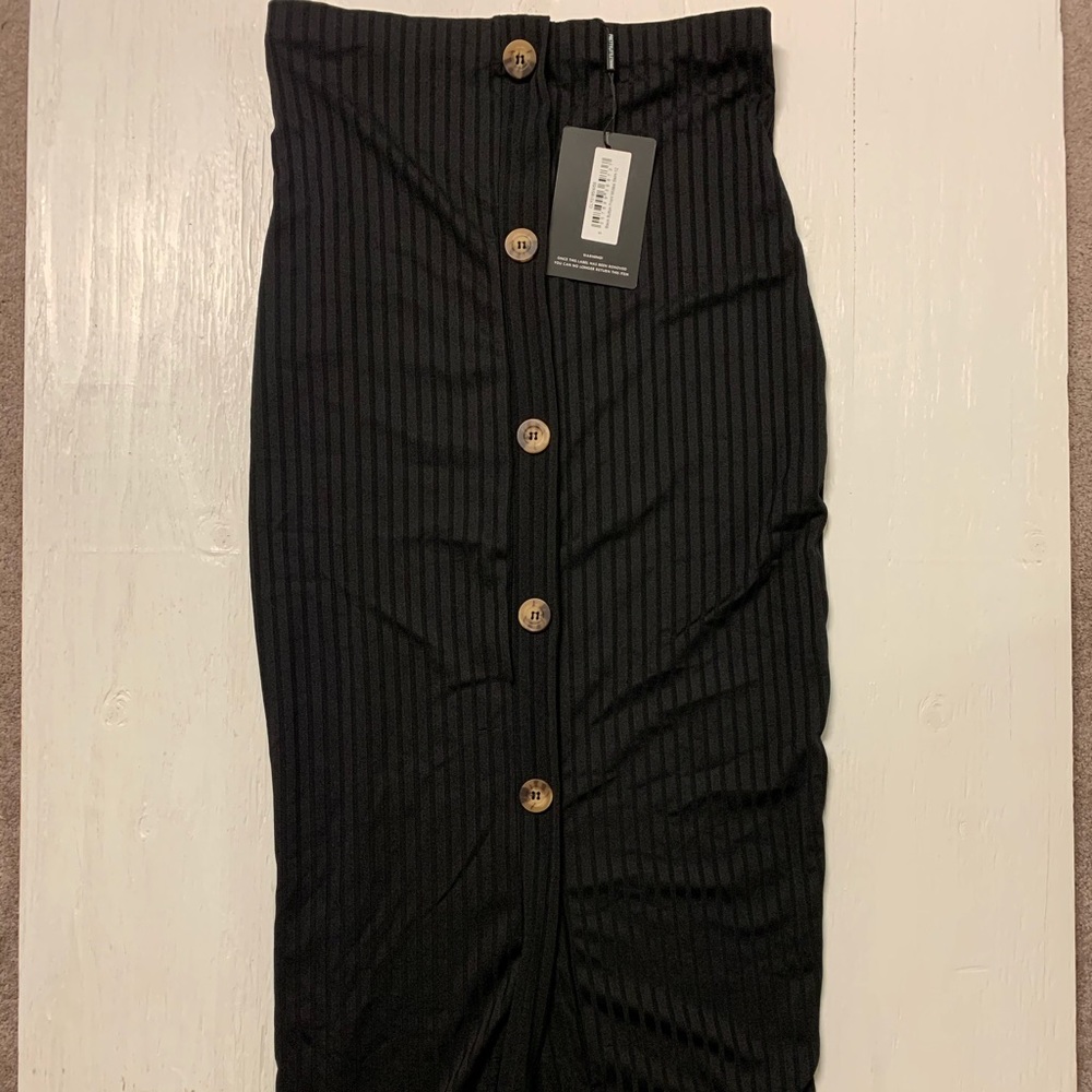 PrettyLittleThing button black ribbed midi skirt